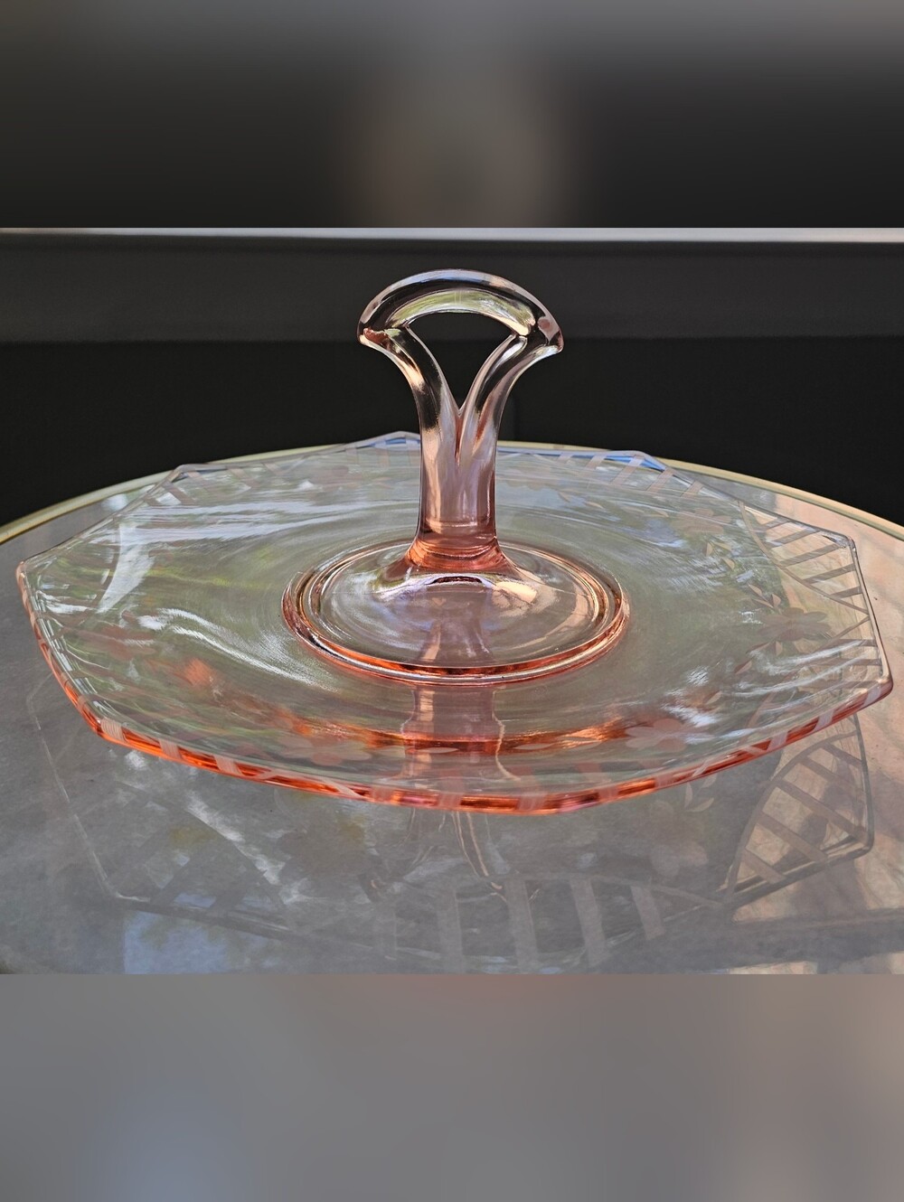 Vintage McKee Floral Pink Octagonal Shape  depression glass sandwich tray